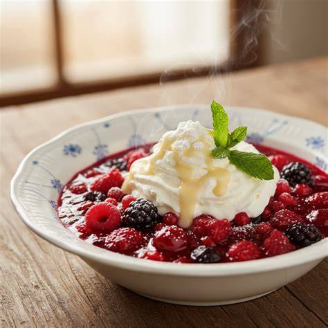 Rote Grütze im Glas mit frischen Beeren und Sahne