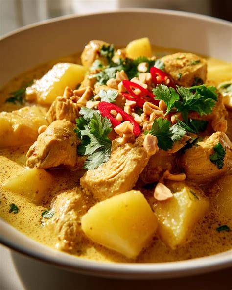Roti-Fladen mit Hühnercurry und Kartoffeln angerichtet