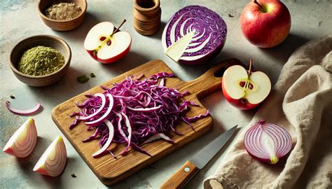 Rotkohl in feinen Streifen und Gemüsezutaten in der Vorbereitungsphase