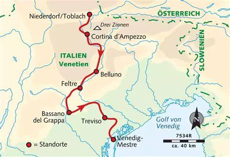 Route der Filmreise: Hamburg, Südtirol, Venedig