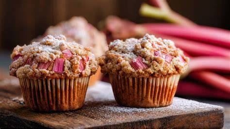 Rustikale Nahaufnahme von Rhabarber-Streusel-Muffins auf Holzbrett, Schnitt zeigt saftiges Inneres