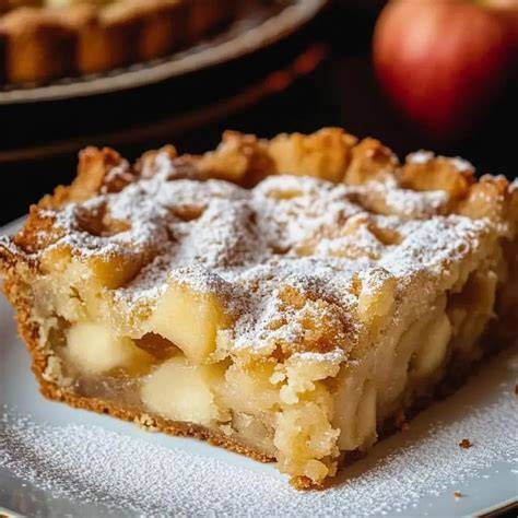 Rustikaler Apfelkuchen mit goldbraunen Streuseln auf Holzbrett, herbstliche Äpfel und Zimtstangen