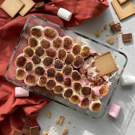 S'mores Auflauf mit Himbeeren und Marshmallows in einer Auflaufform