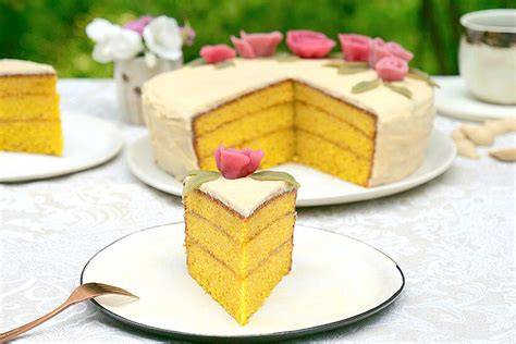 Sachertorte mit Marzipan: Querschnitt mit Aprikosen-Schicht, weißer Ganache und Rosen-Deko