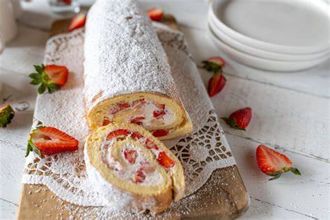 Saftige Biskuitrolle mit gefüllter Sahne und frischen Erdbeeren angerichtet auf einer Platte