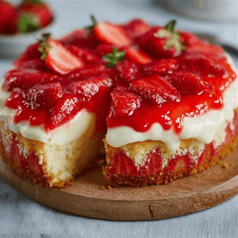 Saftiger Biskuitboden mit frischen Erdbeeren und Pudding