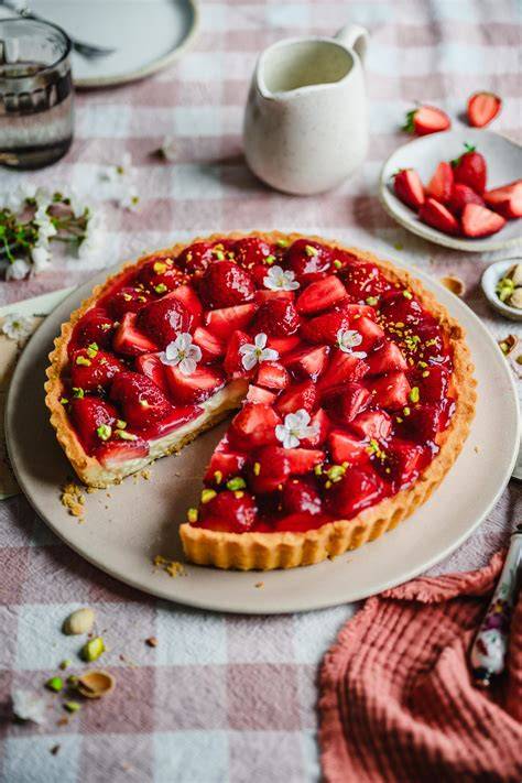 Saftiger Erdbeerboden mit Vanillepudding und Erdbeeren, angeschnitten auf einer Kuchenplatte