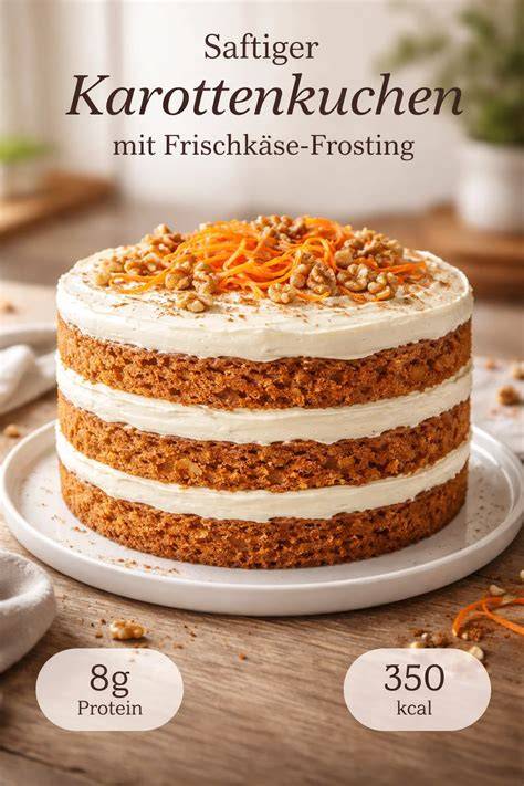 Saftiger Karotten-Mandel-Kuchen auf Teller mit Frischkäse-Frosting