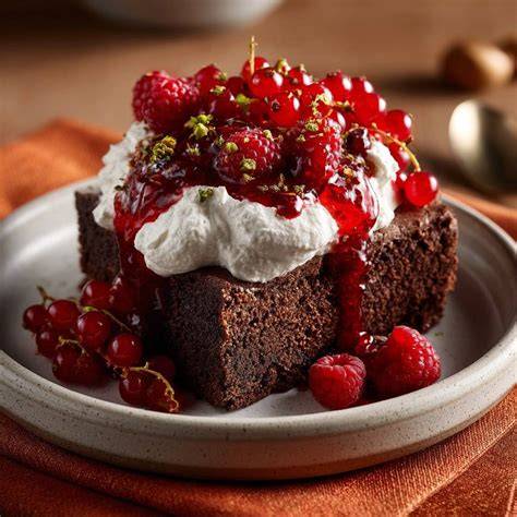 Saftiger Mini Schokoladenkuchen auf Teller, dekoriert mit frischen Beeren