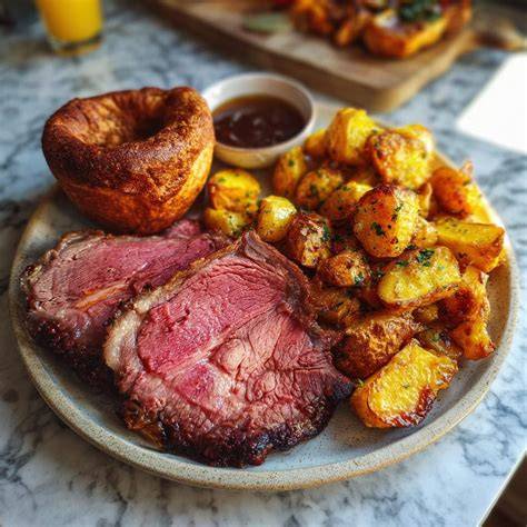 Saftiges Roastbeef mit frischem Yorkshire Pudding und Beilagen