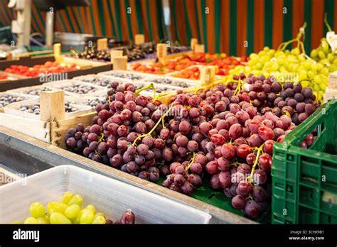 Saisonale Früchte: Erdbeeren, Pfirsiche, Kirschen, Marillen auf traditionellem Wiener Markt
