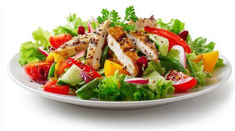 Salat mit Honig-Senf-Dressing, gegrilltem Hähnchen und Gemüse