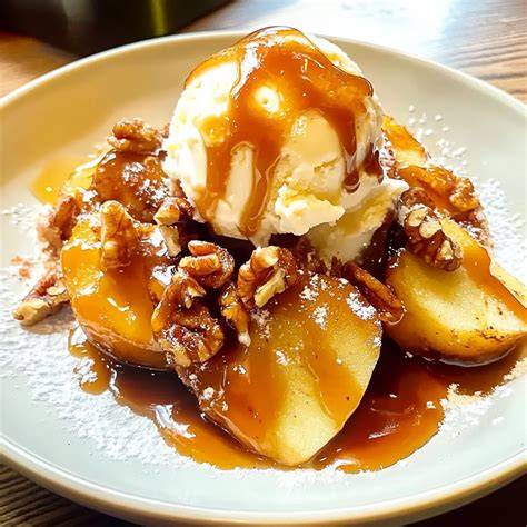 Salted Caramel Vanilleeis mit Apfelspalten und Walnüssen