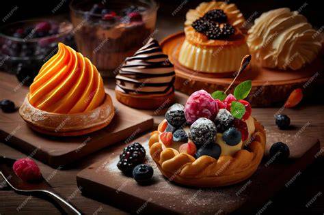 Sammlung von Gebäck und Desserts mit verschiedenen Schokoglasuren
