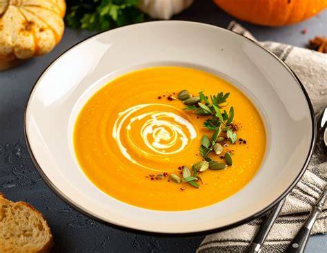Sanddorn-Kürbissuppe im Teller