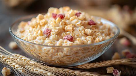 Schüssel Porridge mit Marmeladenklecks und Nüssen