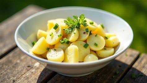Schüssel mit Kartoffelsalat und gehacktem Schnittlauch