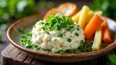 Schüssel mit Sahne-Meerrettich-Dip und frischen Kräutern