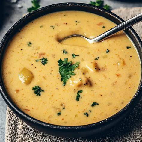 Schüssel mit cremiger Kartoffel-Trüffel-Suppe, garniert