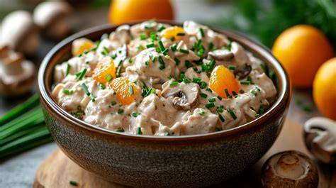Schüssel mit cremiger Quark-Schmand-Pudding-Masse und Mandarinen