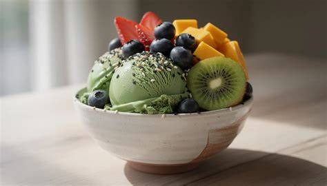 Schüssel mit leuchtend grünem Matcha-Eis, angerichtet mit Himbeeren