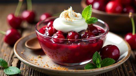 Schüssel mit roter Grütze und Kirschen
