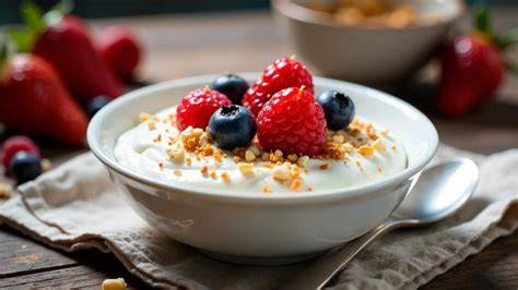 Schüsseln mit Quarkfüllung und frischen Beeren