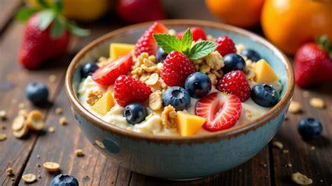 Schale Müsli mit Milch und frischen Früchten