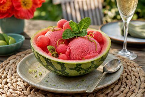 Schale mit angereichtem Wassermelonen-Sorbet an einem Sommertag