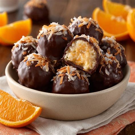 Schale mit veganen Orangen-Schokotrüffeln und Kokosraspeln garniert