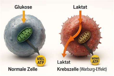 Schaubild: Glukosetransport und Energiegewinnung in Krebszellen („Warburg-Effekt“)
