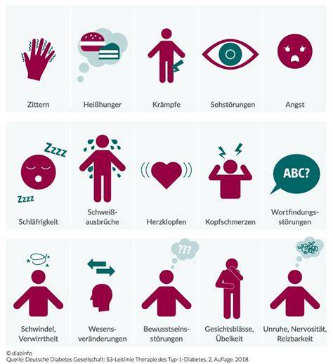 Schaubild: Symptome und Notfallzeichen bei Hyperglykämie und Hypoglykämie
