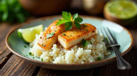 Schema: Abendessen mit Fisch, Gemüse und Reis nach TCM