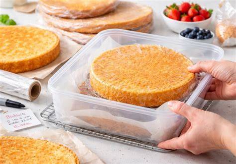 Schema: Biskuitboden richtig verpacken - Frischhaltefolie, Kühlung, Einfrieren