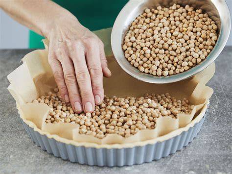 Schema: Blindbacken mit Hülsenfrüchten, Schichten der Tarte, Ganache-Aufguss
