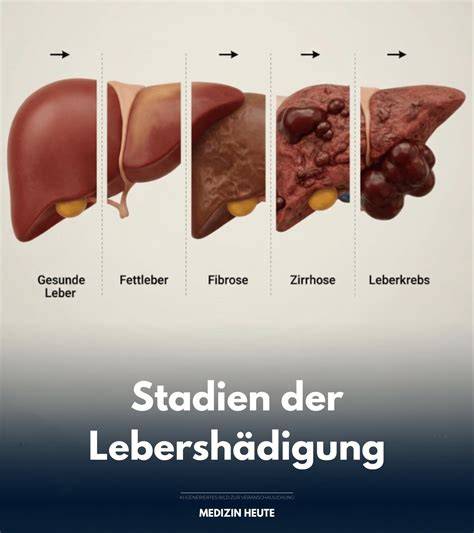 Schema: Progression von Leberverfettung zu Entzündung, Fibrose und Zirrhose