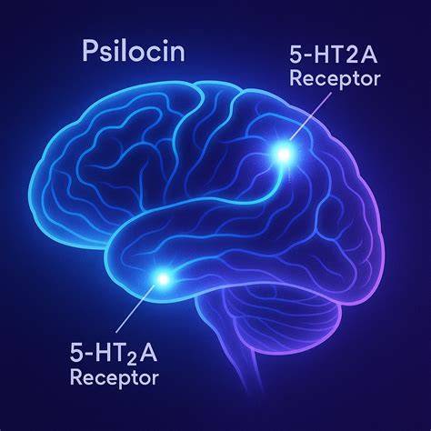 Schema: Psilocybin zu Psilocin, Bindung an 5-HT2A, Netzwerkveränderungen