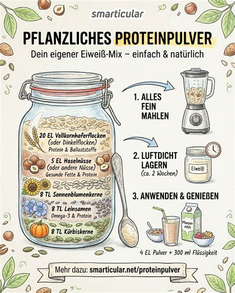 Schema: Zutatenmix für hausgemachtes Proteinpulver (Haferflocken, Kokosmehl, Nüsse, Leinsamen)