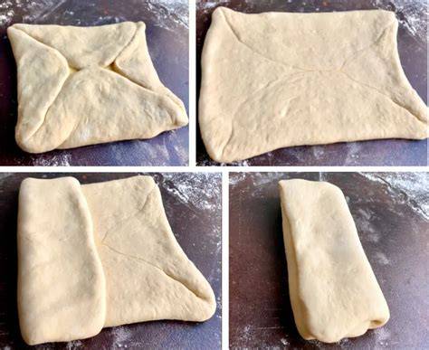 Schema der Laminiertechnik bei Croissantteig: Ausrollen, Falten, Kühlen in mehreren Schritten