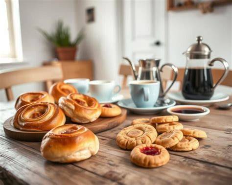 Schematische Darstellung: Fika, Mandeltorte, Kaffee und Schweden