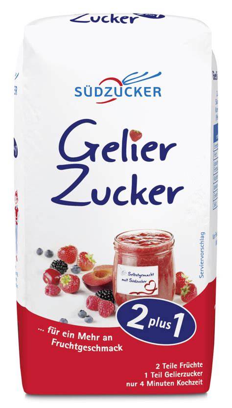 Schematische Darstellung des Gelierens: Verhältnis Frucht zu Gelierzucker 2:1