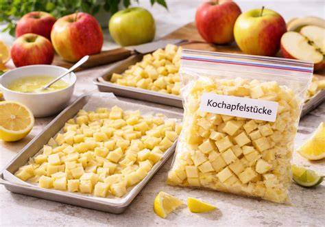 Schichtaufbau: Zwieback-Basis, Apfelwürfel, Vanilleguss, Mandel-Zimt-Topping