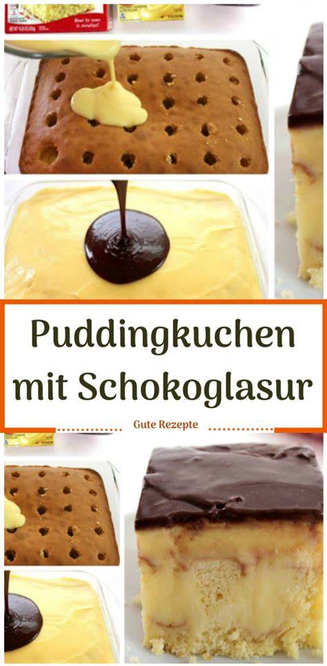 Schichtaufbau Puddingkuchen: Rührteig, Pudding, Schokoglasur