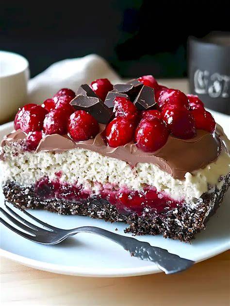 Schichtaufbau eines Himbeerkuchens mit Schokocreme