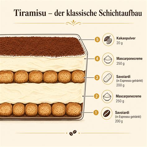 Schichtaufbau eines klassischen Tiramisu (Infografik: Biskuit, Creme, Kakao)