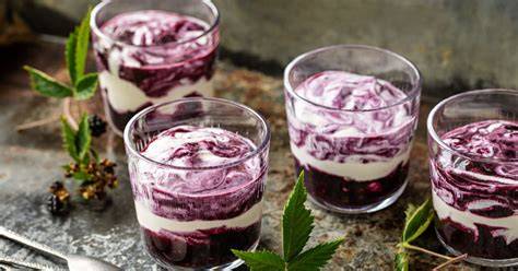 Schichtaufbau-Skizze: Biskuit, Creme-Ring, Brombeer-Joghurt, Spiegel, Deko