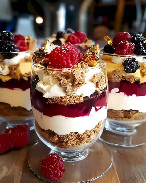 Schichtdessert im Glas mit Früchten und Keksen