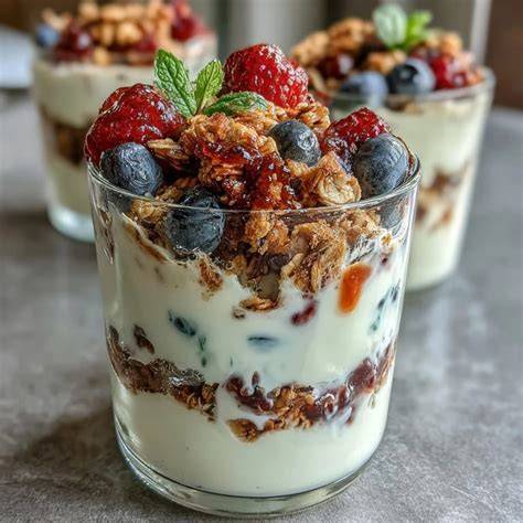 Schichtdessert mit Beeren, Quarkcreme und knusprigem Granola