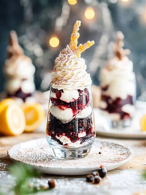 Schichtdessert mit Kuchenkrümel, Sahne, Kakao und Beeren