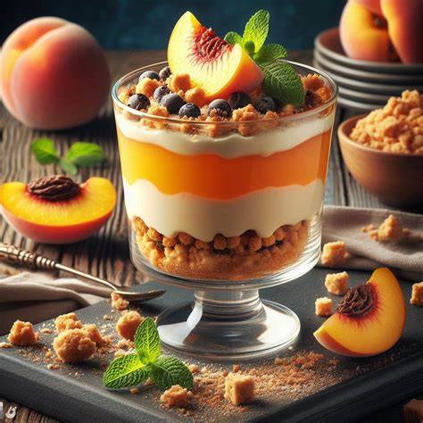 Schichtdessert mit Pfirsichpüree, Sektcreme und Dekor